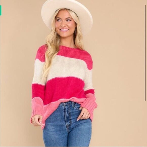 Wooden Ships Cameron Over Sized Pink Striped Knit Sweater Size Small/Medium - Picture 2 of 10